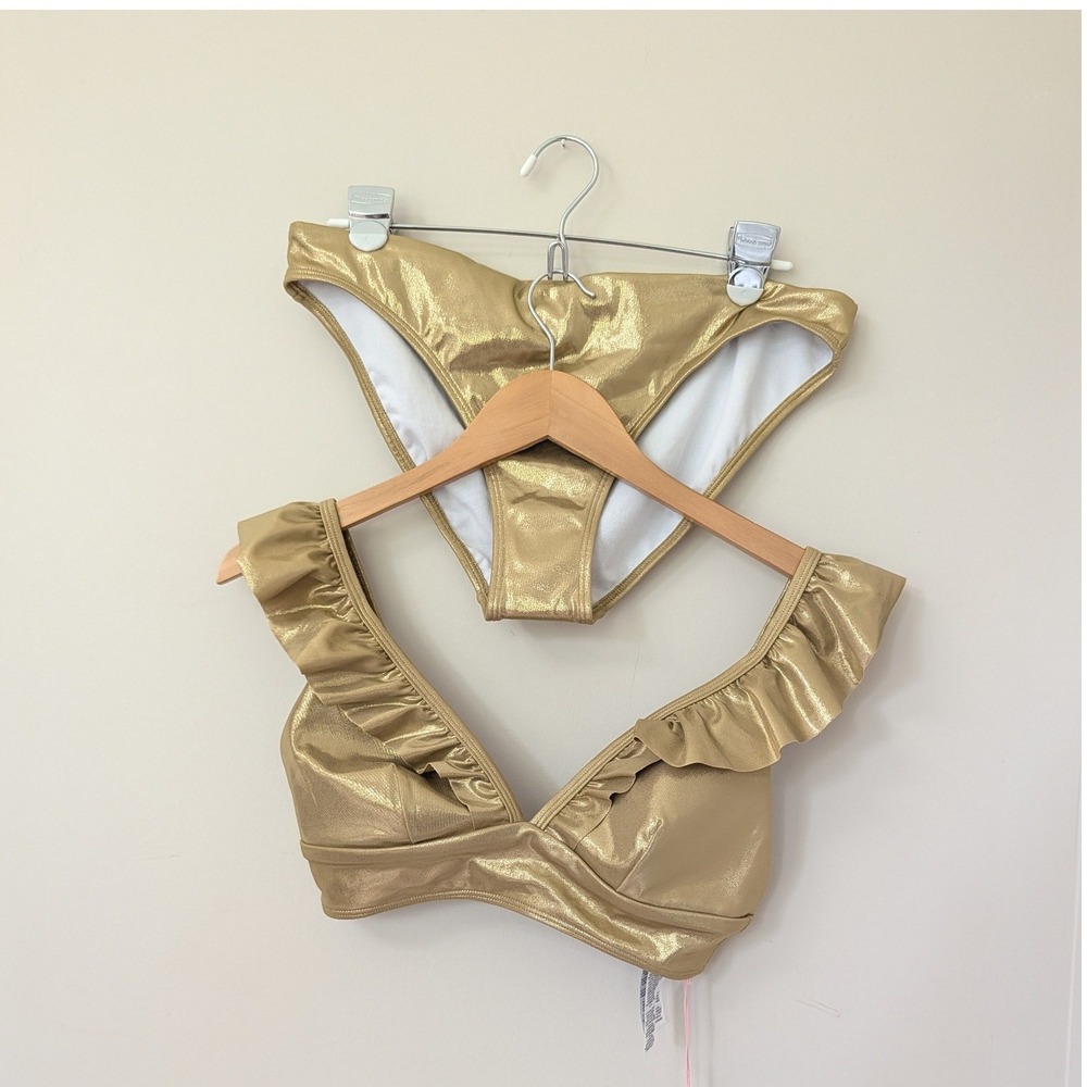 Boden Palermo Ruffle V Bikini Set Gold Metallic‎ Lame Two Piece Swimsuit 8/10 - Picture 4 of 14